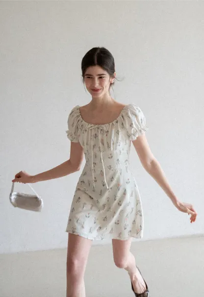 Floral Print Square Neck Puff Sleeve Dress