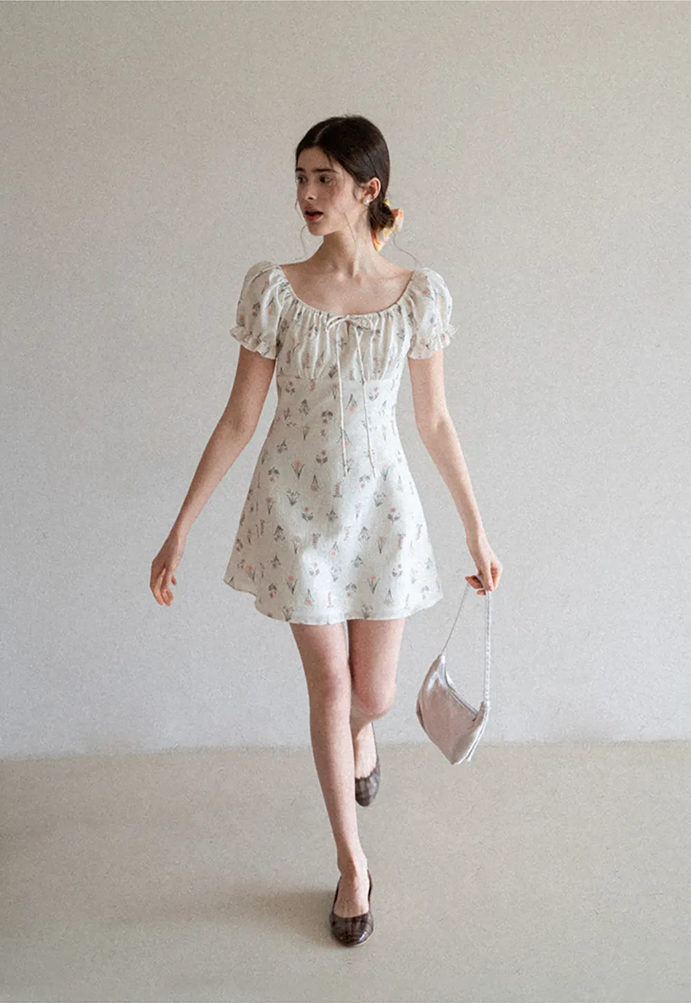 Floral Print Square Neck Puff Sleeve Dress