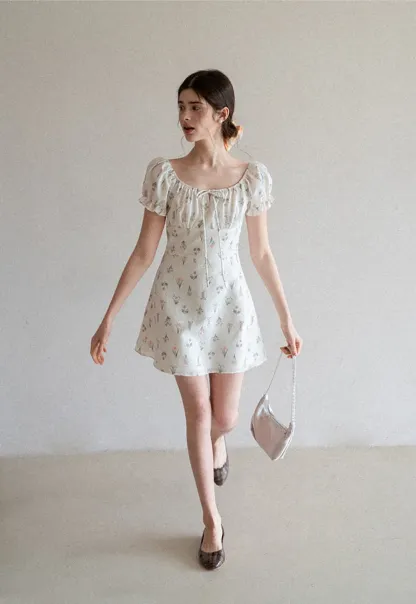 Floral Print Square Neck Puff Sleeve Dress