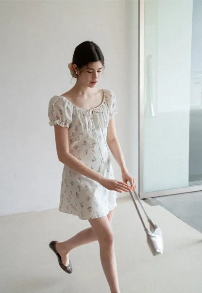 Floral Print Square Neck Puff Sleeve Dress