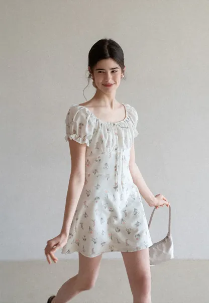 Floral Print Square Neck Puff Sleeve Dress