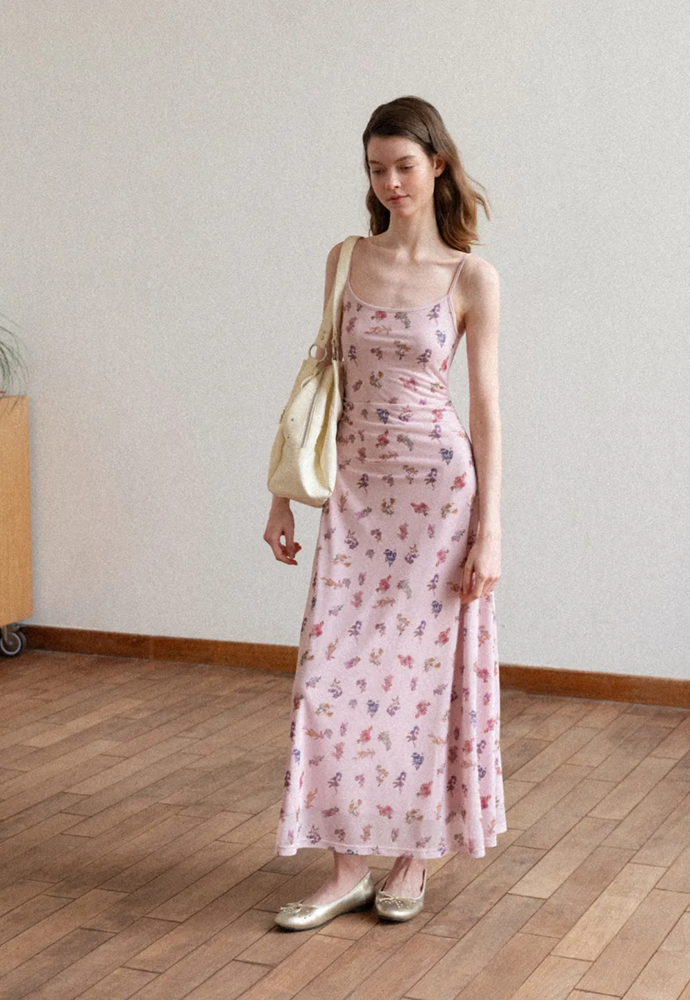 Floral Print Slip Dress with Thin Straps and Ruched Waist