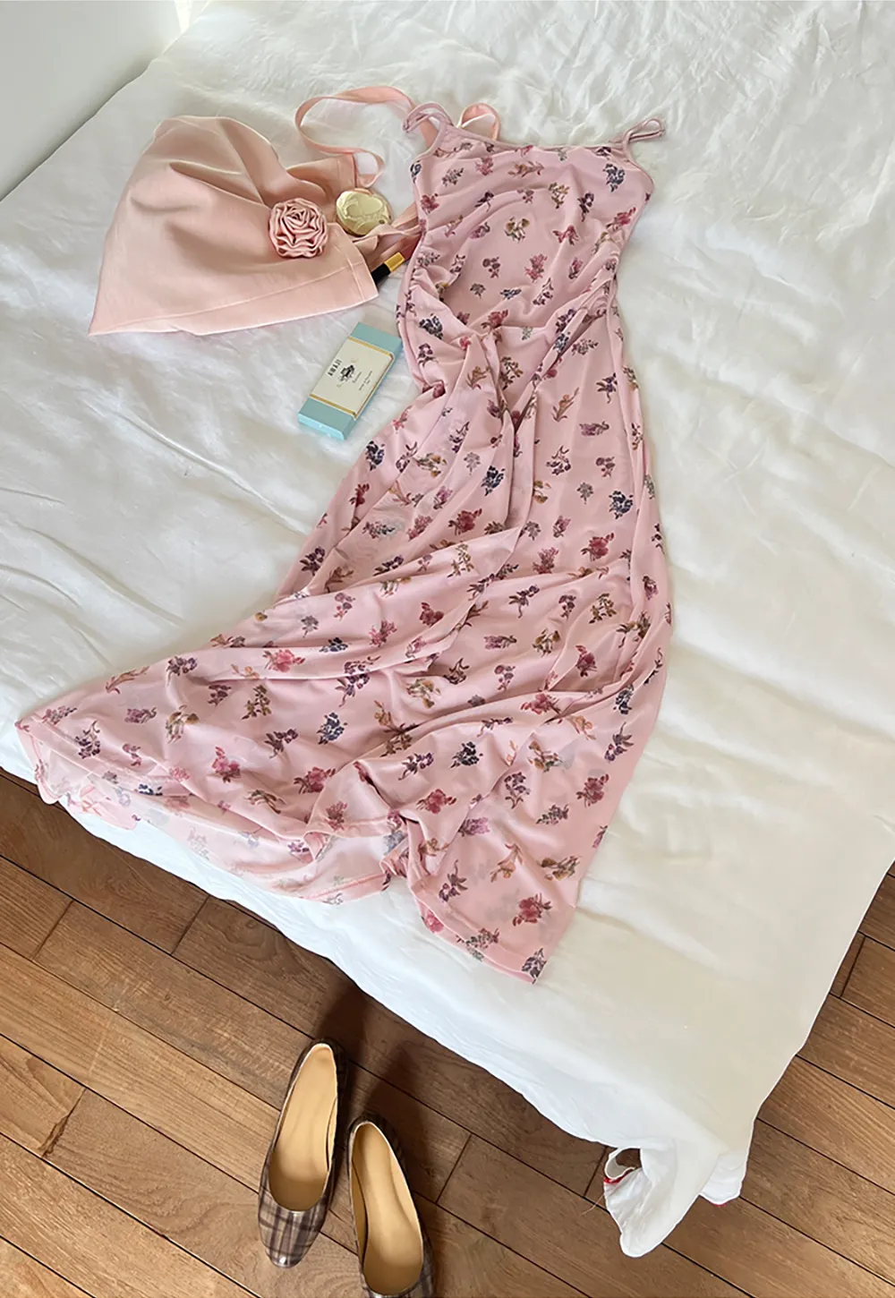 Floral Print Slip Dress with Thin Straps and Ruched Waist