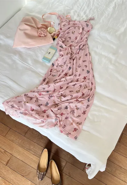 Floral Print Slip Dress with Thin Straps and Ruched Waist