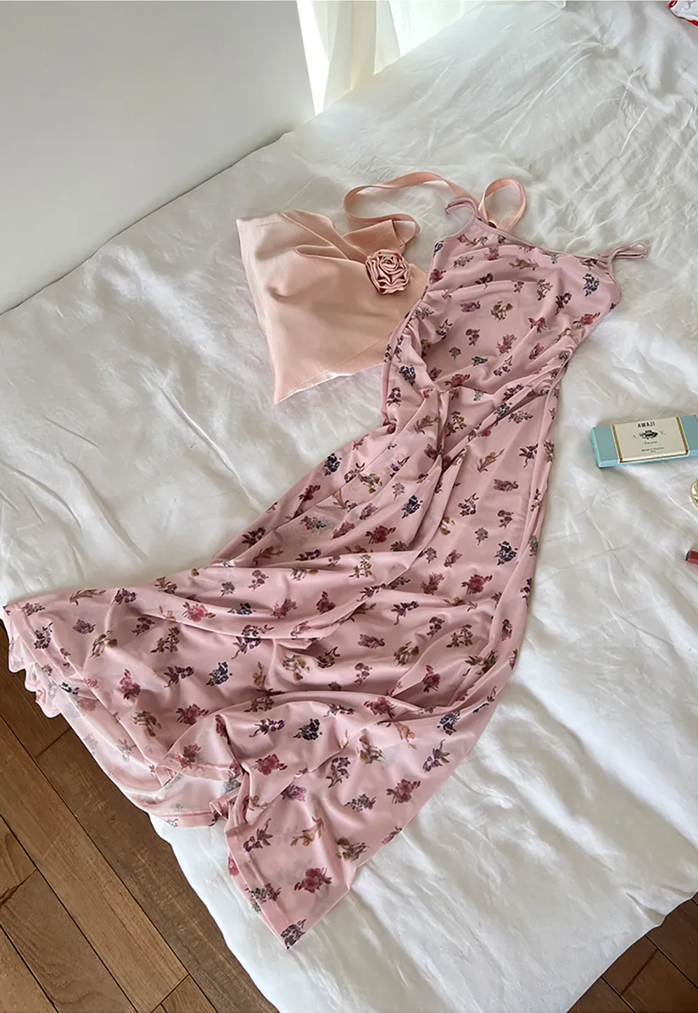 Floral Print Slip Dress with Thin Straps and Ruched Waist