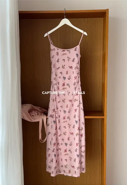 Floral Print Slip Dress with Thin Straps and Ruched Waist