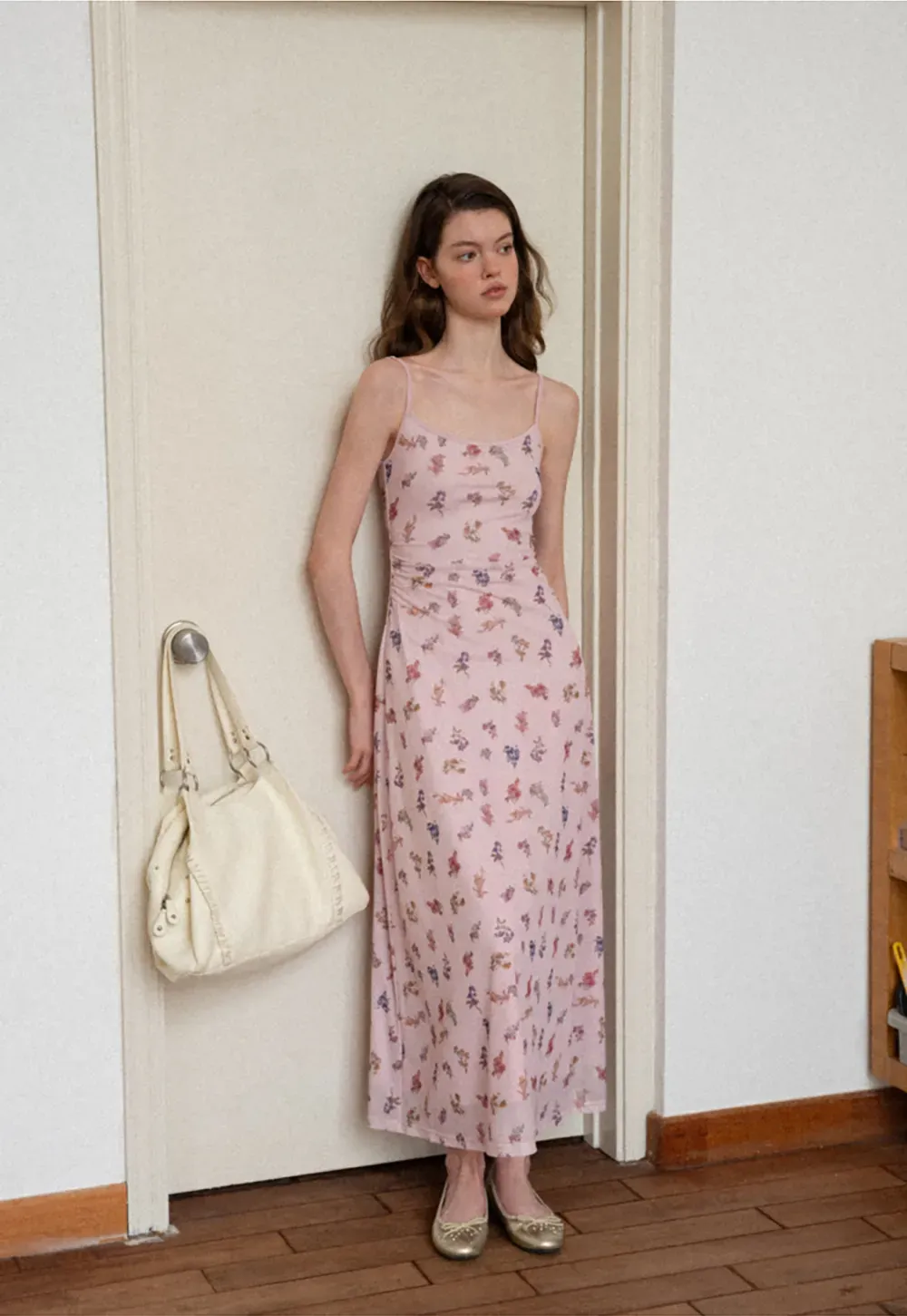 Floral Print Slip Dress with Thin Straps and Ruched Waist