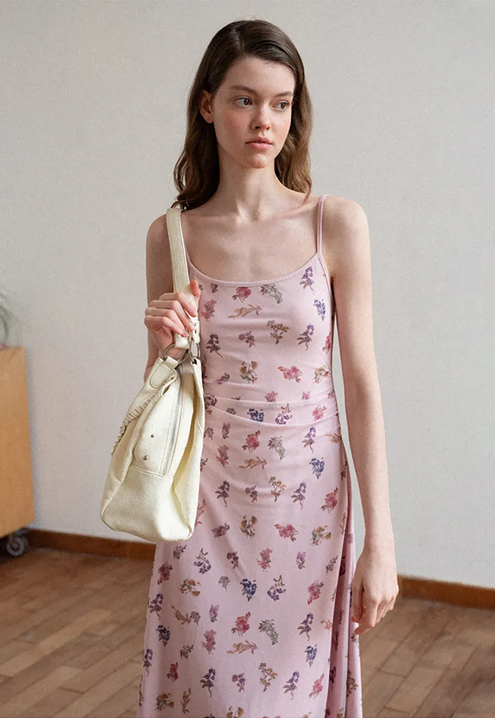 Floral Print Slip Dress with Thin Straps and Ruched Waist
