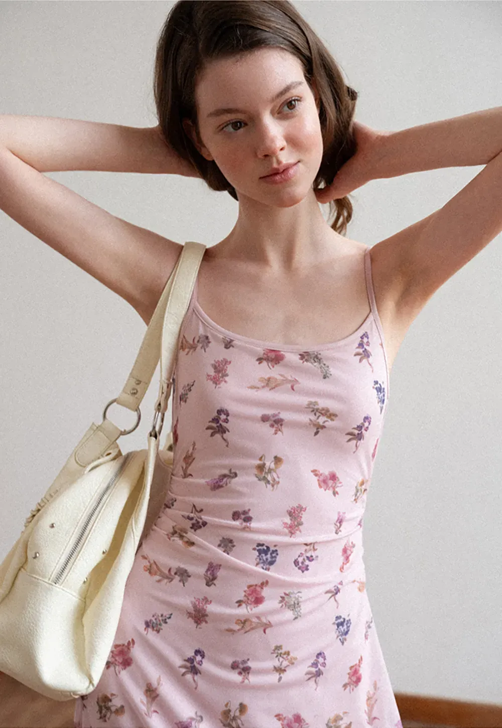 Floral Print Slip Dress with Thin Straps and Ruched Waist