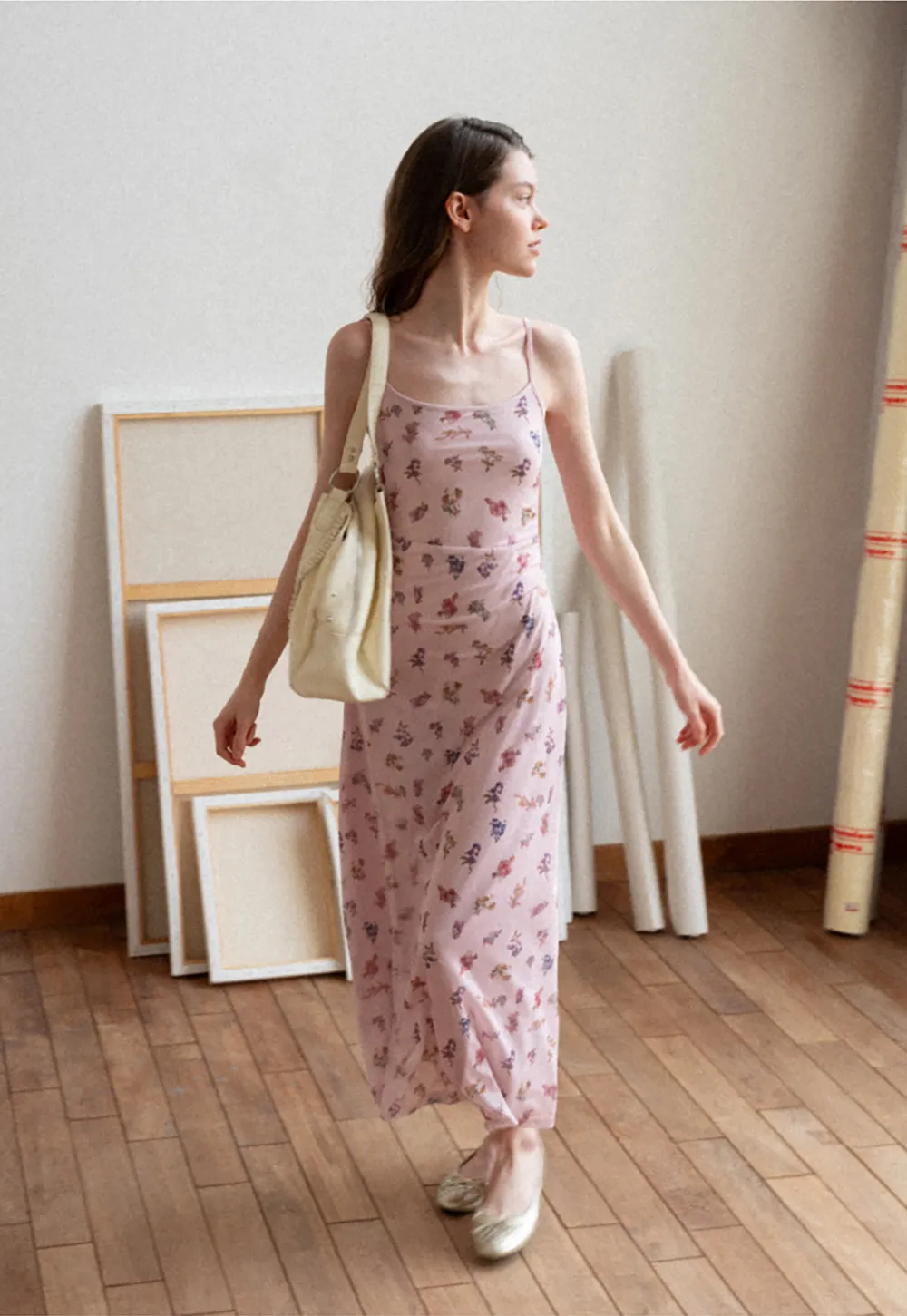 Floral Print Slip Dress with Thin Straps and Ruched Waist