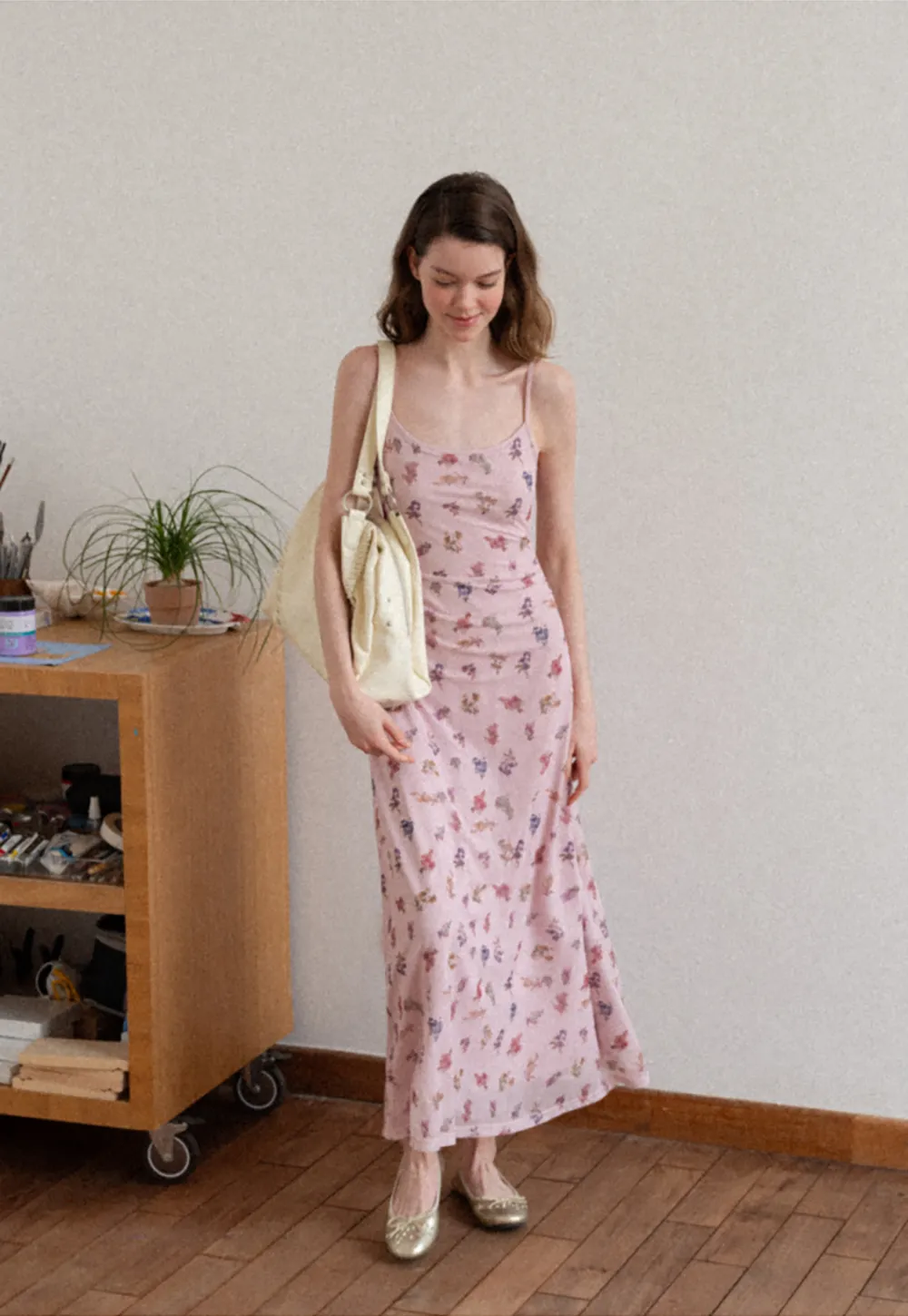 Floral Print Slip Dress with Thin Straps and Ruched Waist