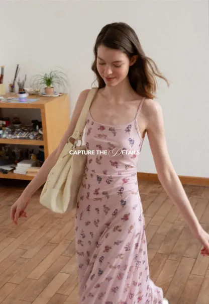 Floral Print Slip Dress with Thin Straps and Ruched Waist