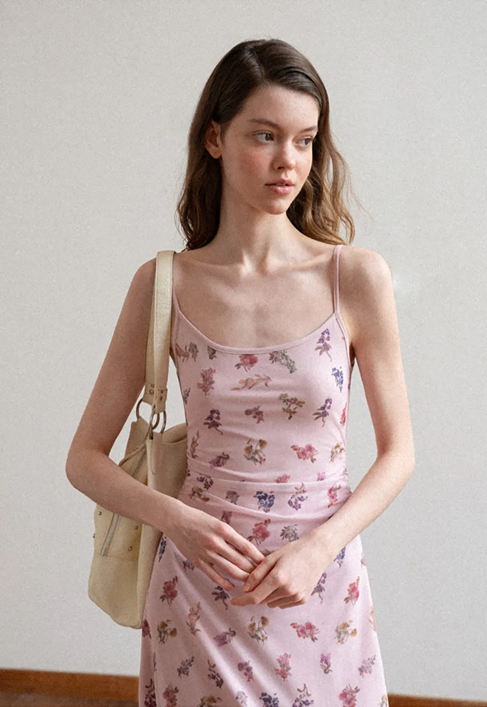 Floral Print Slip Dress with Thin Straps and Ruched Waist