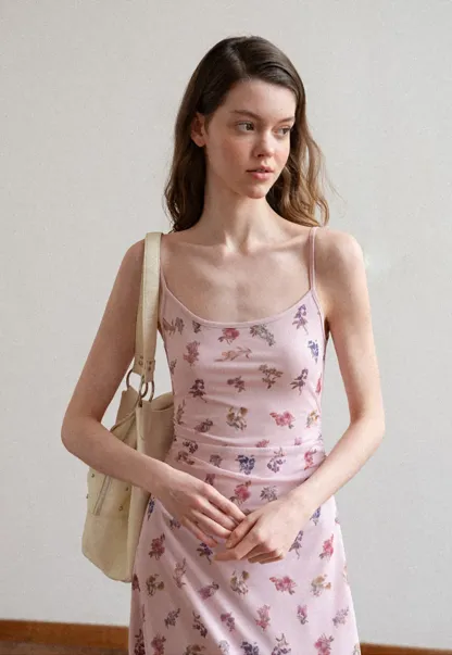 Floral Print Slip Dress with Thin Straps and Ruched Waist