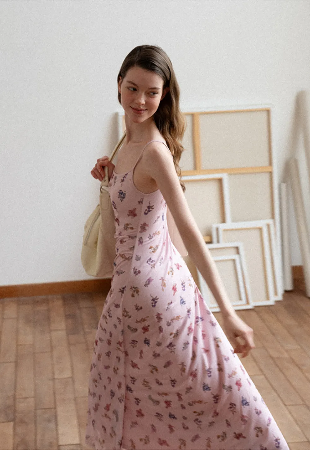 Floral Print Slip Dress with Thin Straps and Ruched Waist