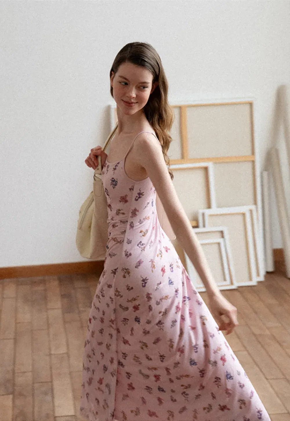 Floral Print Slip Dress with Thin Straps and Ruched Waist