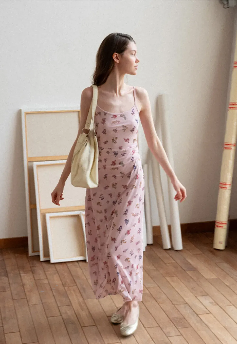 Floral Print Slip Dress with Thin Straps and Ruched Waist