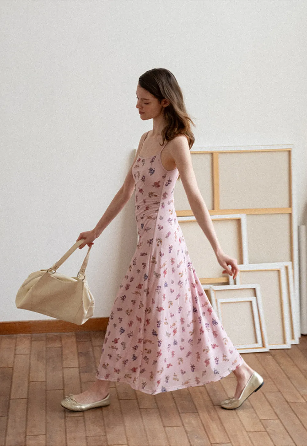 Floral Print Slip Dress with Thin Straps and Ruched Waist