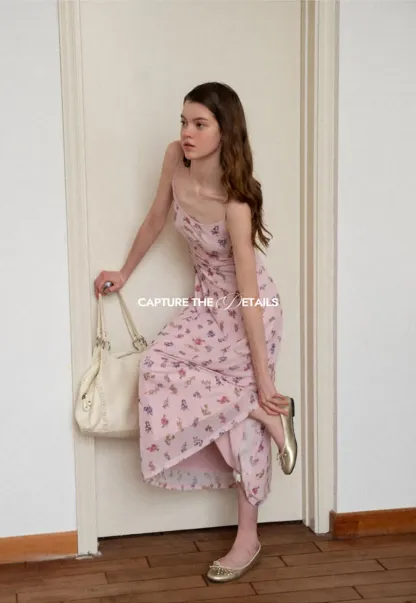Floral Print Slip Dress with Thin Straps and Ruched Waist