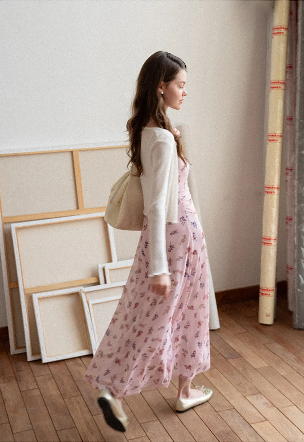 Floral Print Slip Dress with Thin Straps and Ruched Waist