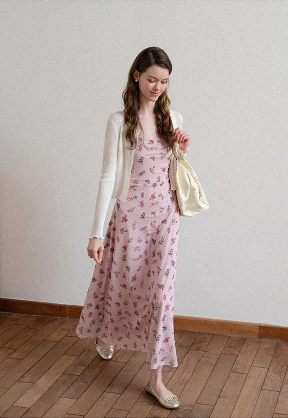 Floral Print Slip Dress with Thin Straps and Ruched Waist