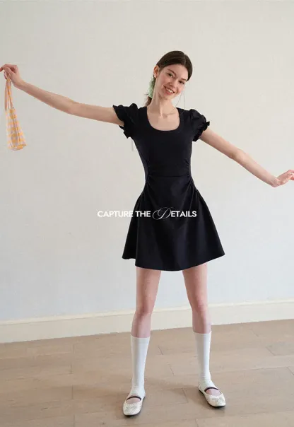 Puff Sleeve Square Neck Fit and Flare Dress