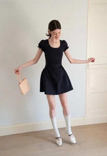 Puff Sleeve Square Neck Fit and Flare Dress