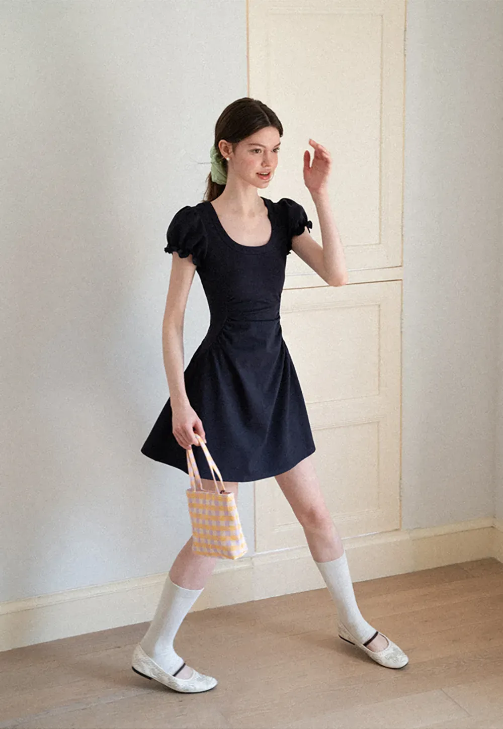 Puff Sleeve Square Neck Fit and Flare Dress
