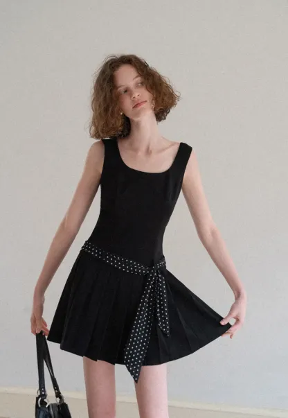 Pleated Skirt with Polka Dot Sash Dress