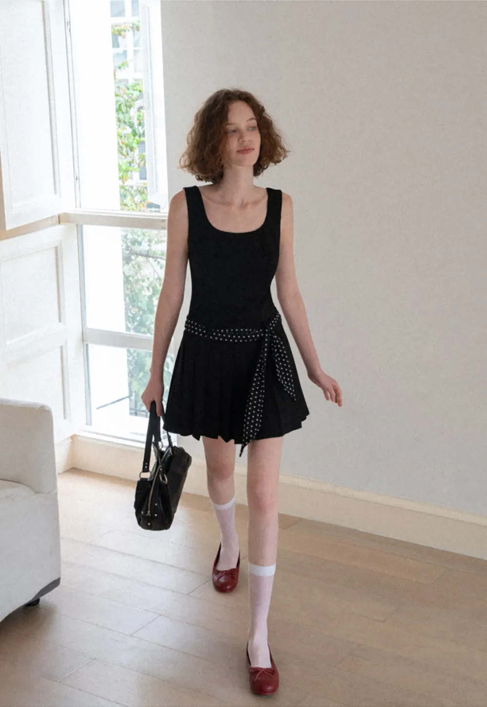 Pleated Skirt with Polka Dot Sash Dress