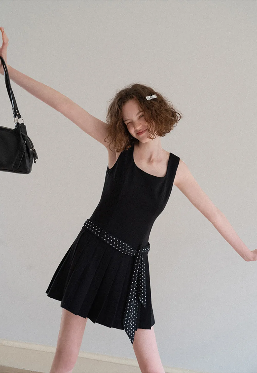 Pleated Skirt with Polka Dot Sash Dress