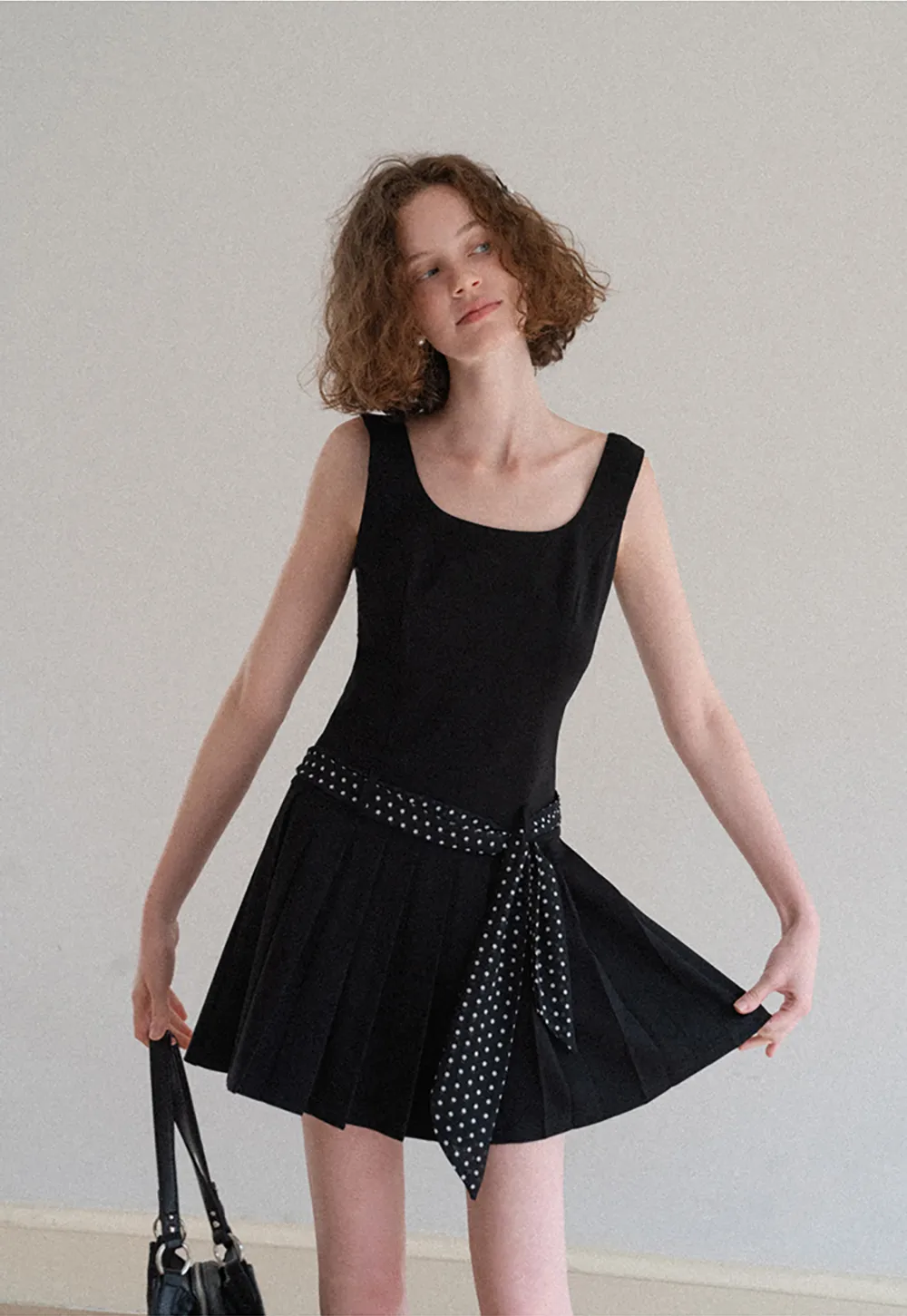 Pleated Skirt with Polka Dot Sash Dress