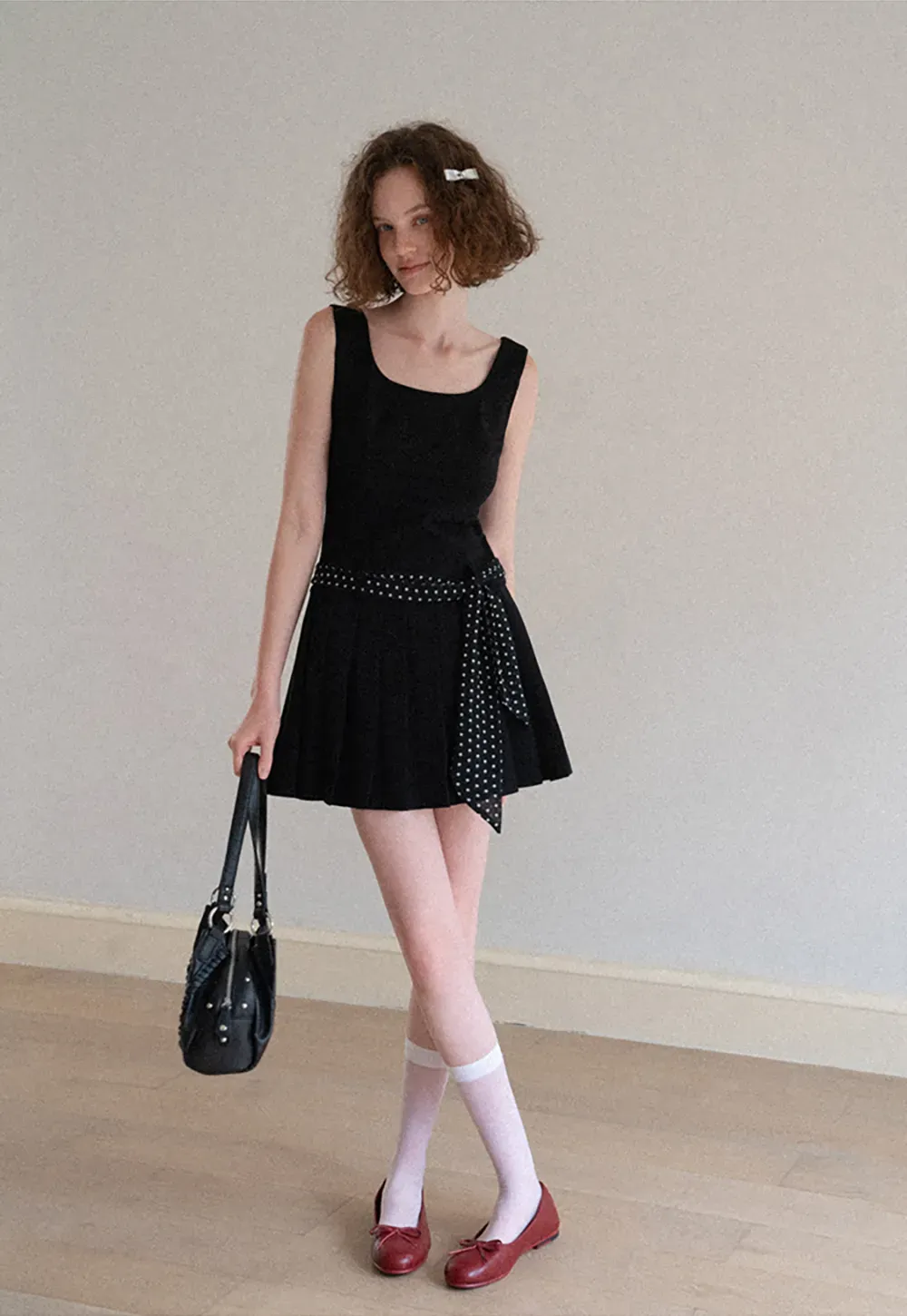 Pleated Skirt with Polka Dot Sash Dress