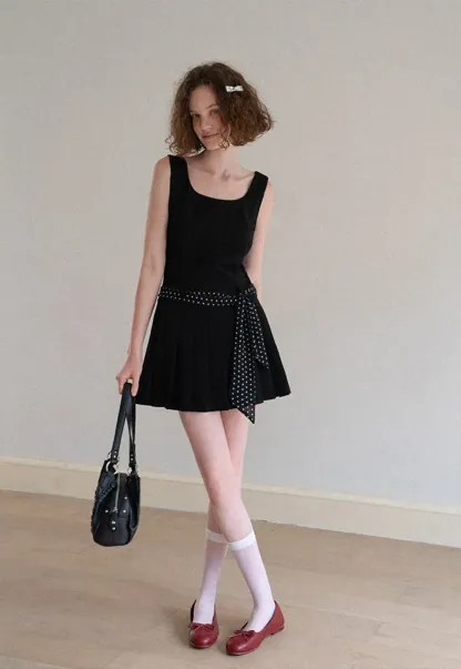 Pleated Skirt with Polka Dot Sash Dress