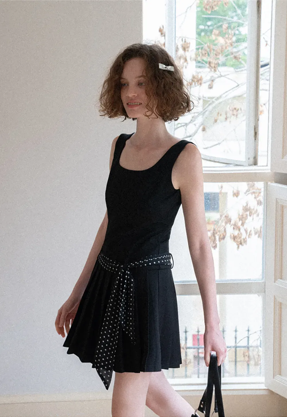 Pleated Skirt with Polka Dot Sash Dress