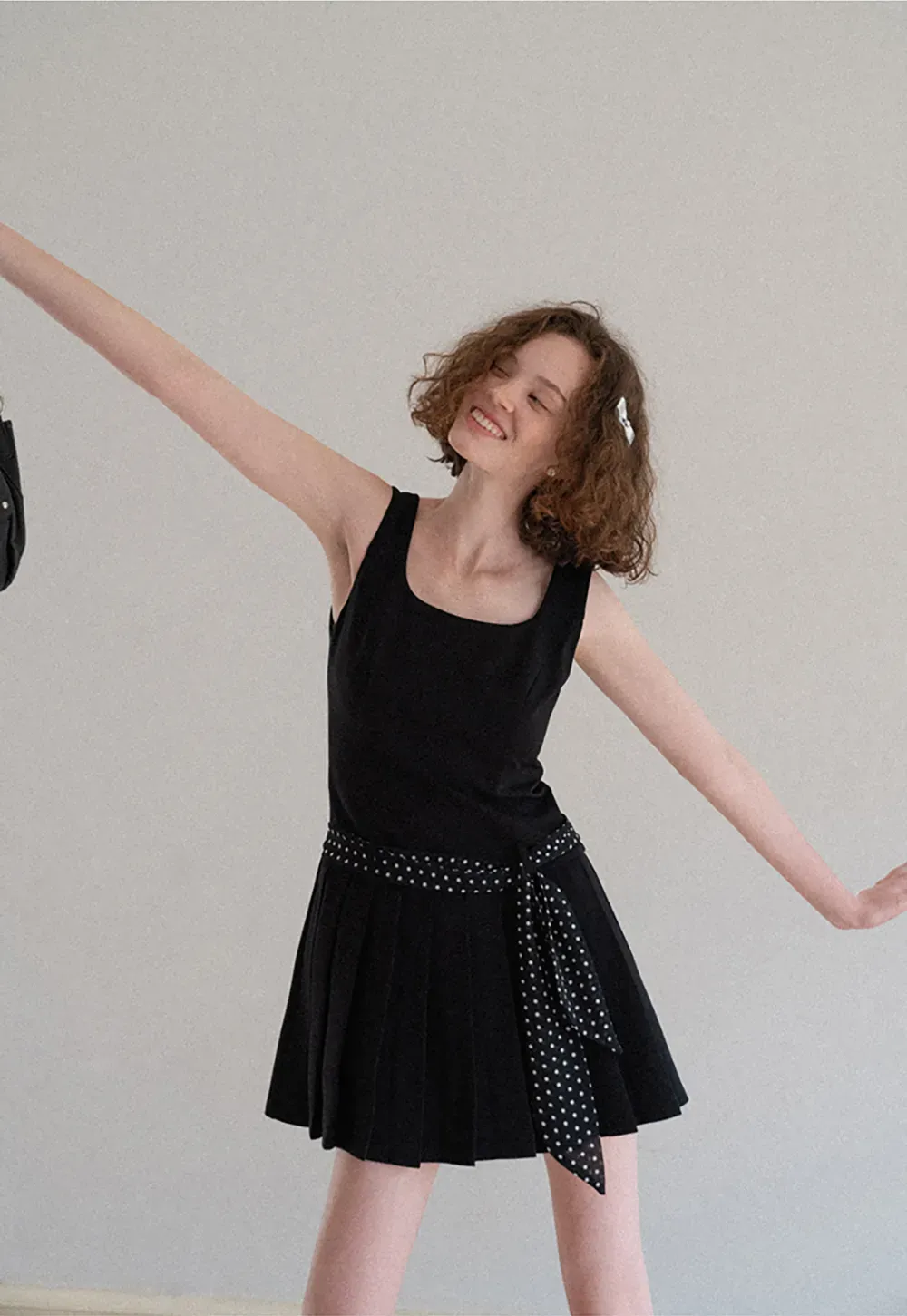 Pleated Skirt with Polka Dot Sash Dress