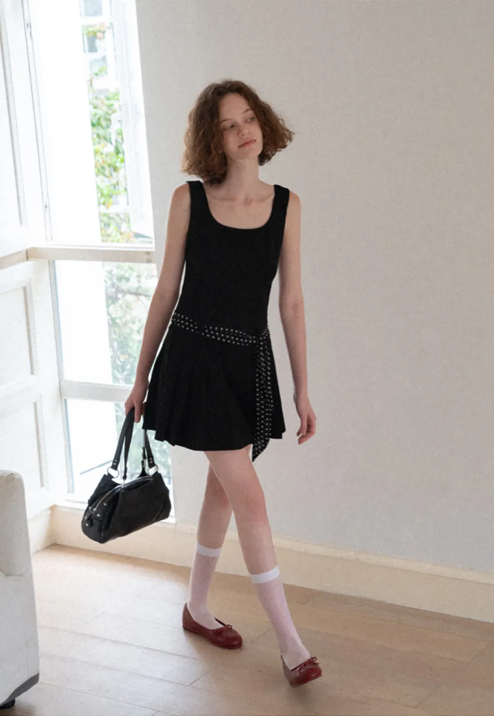 Pleated Skirt with Polka Dot Sash Dress