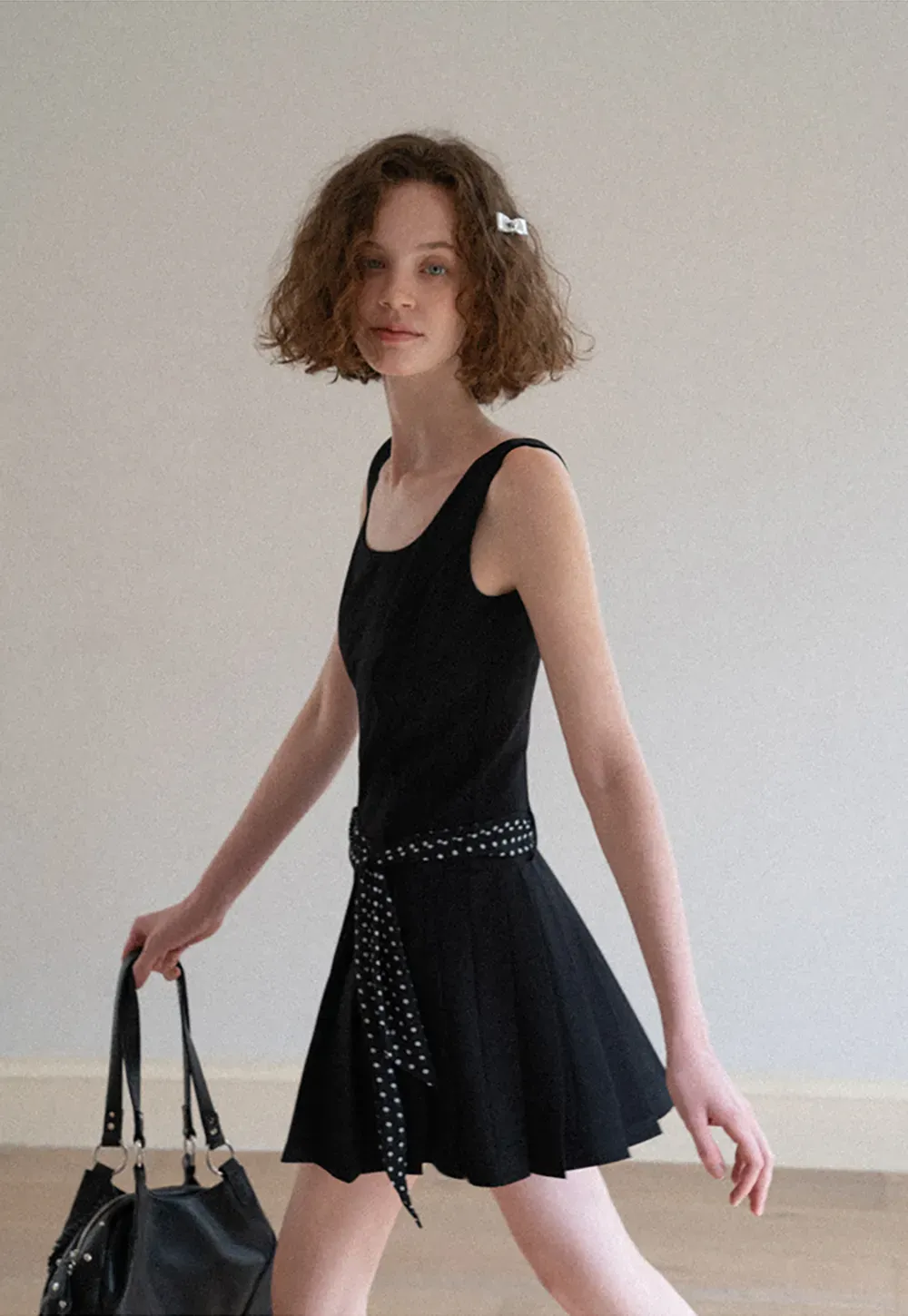 Pleated Skirt with Polka Dot Sash Dress