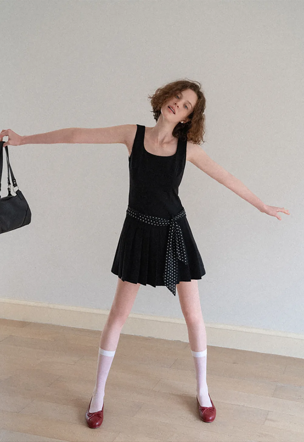 Pleated Skirt with Polka Dot Sash Dress