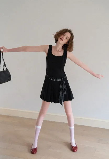 Pleated Skirt with Polka Dot Sash Dress