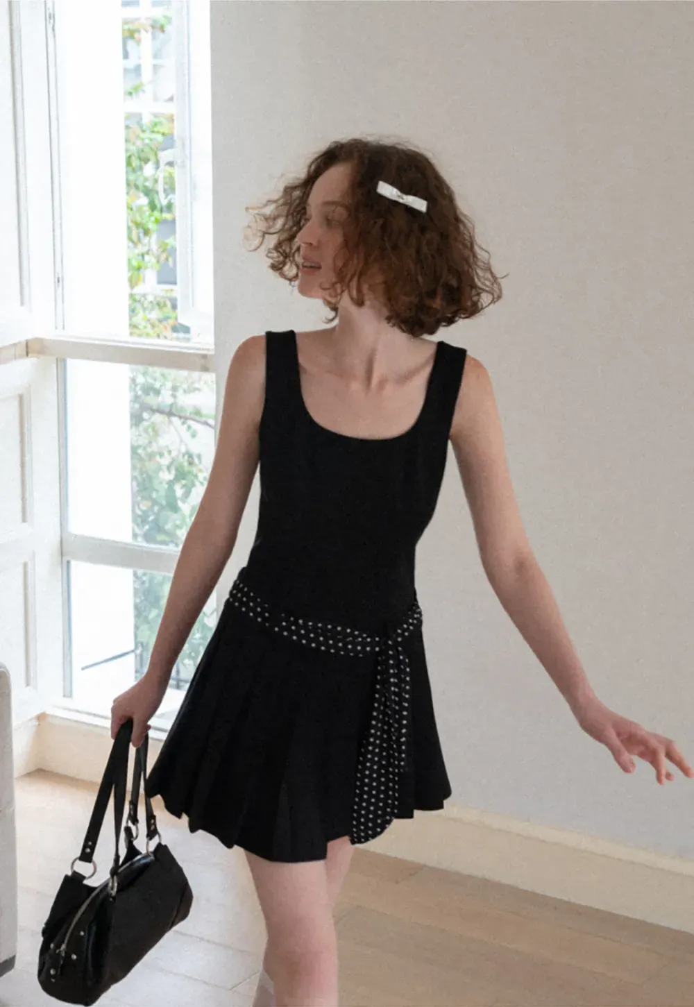 Pleated Skirt with Polka Dot Sash Dress