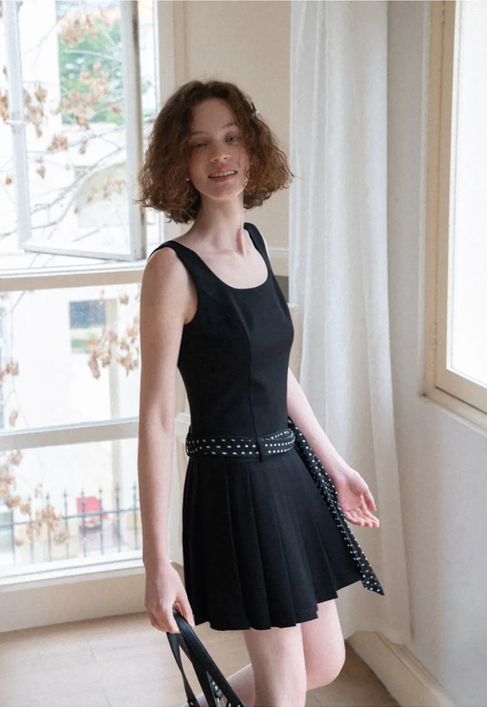Pleated Skirt with Polka Dot Sash Dress