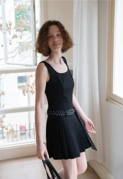 Pleated Skirt with Polka Dot Sash Dress