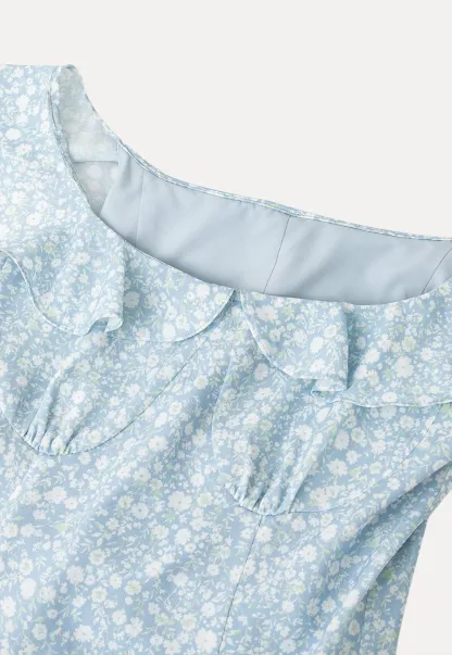 Floral Print Square Neck Ruffled Sleeve A Line Dress