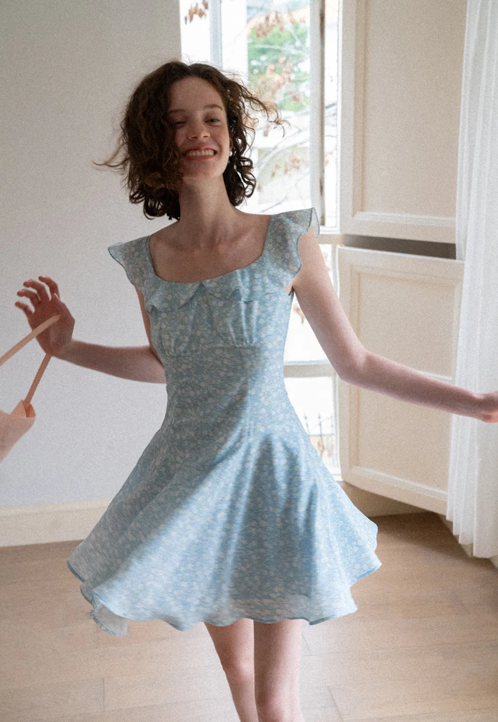 Floral Print Square Neck Ruffled Sleeve A Line Dress