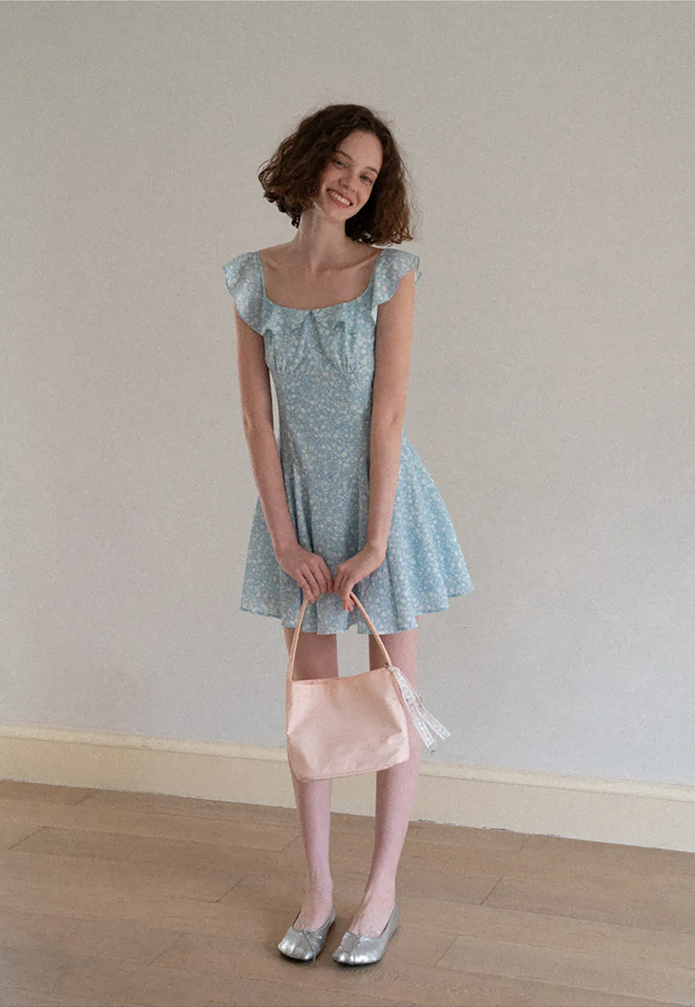 Floral Print Square Neck Ruffled Sleeve A Line Dress