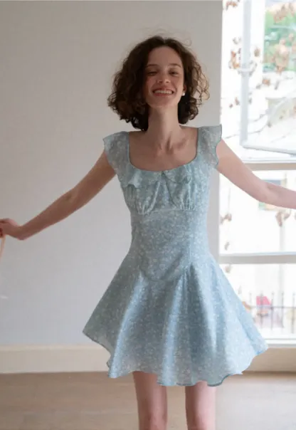 Floral Print Square Neck Ruffled Sleeve A Line Dress