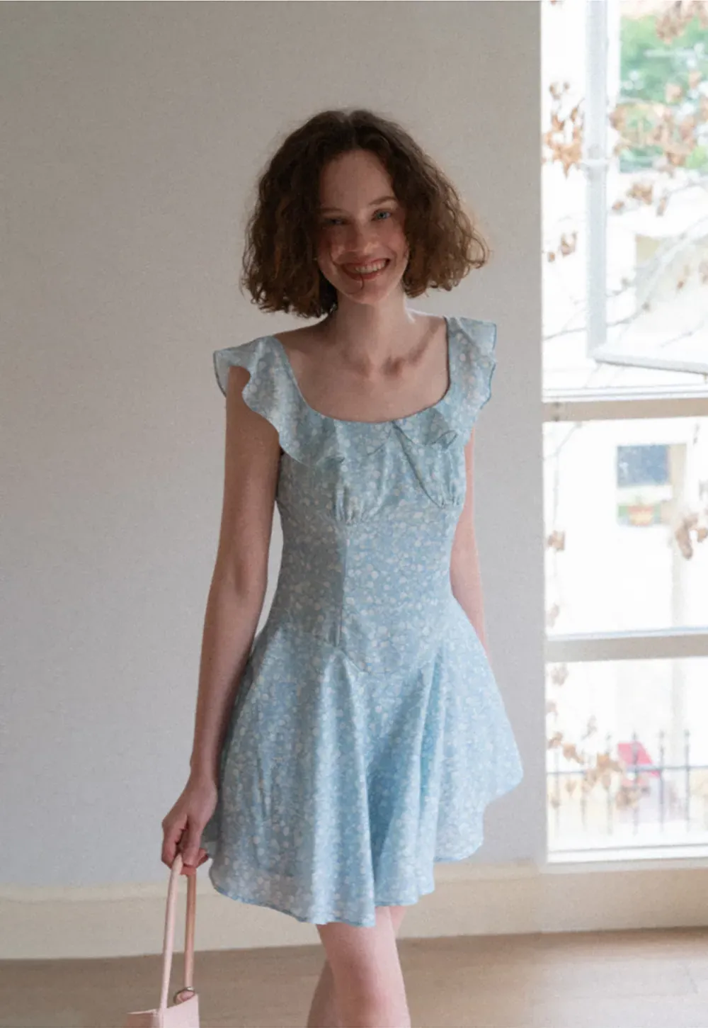 Floral Print Square Neck Ruffled Sleeve A Line Dress