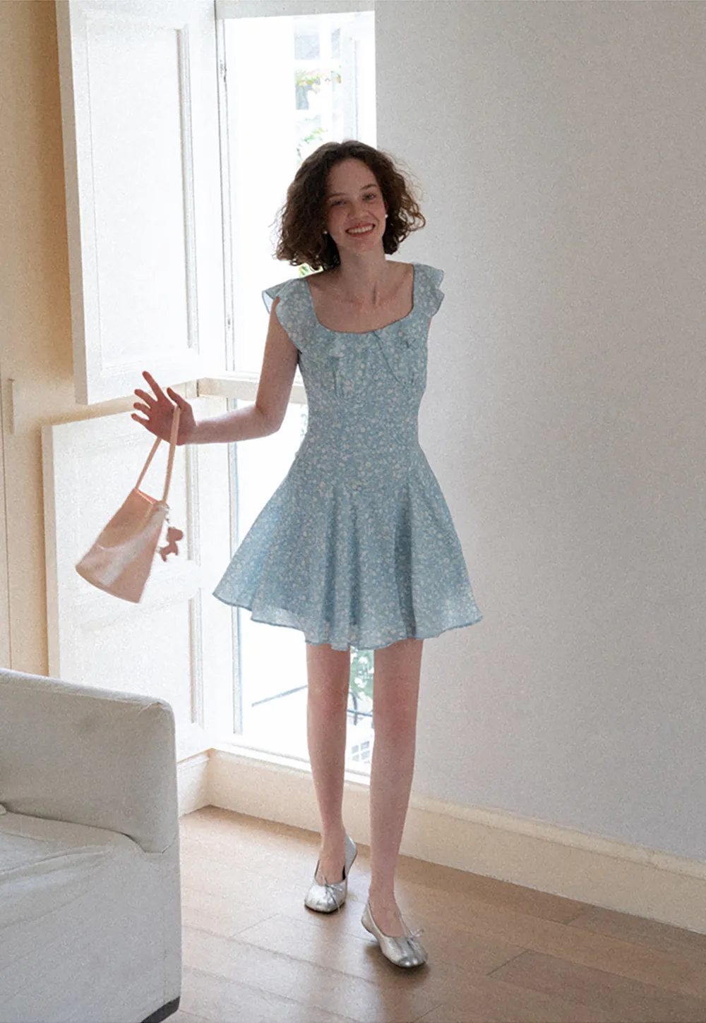 Floral Print Square Neck Ruffled Sleeve A Line Dress