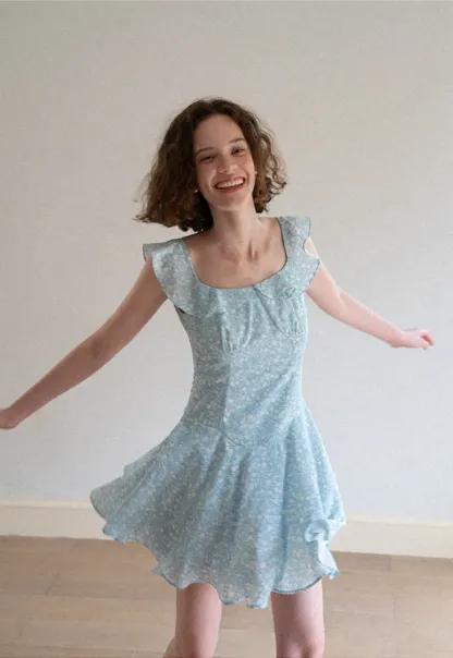 Floral Print Square Neck Ruffled Sleeve A Line Dress